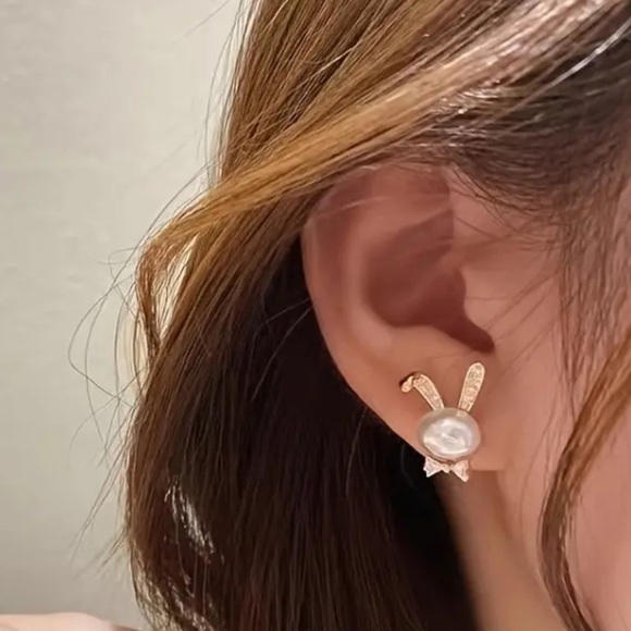 Bunny Rhinestone | Pearl Bougie Ears & Bow Tie Stud Gold Tone Earrings LAST PAIR - Picture 10 of 10